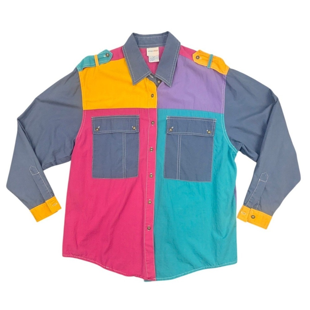 Styles To Go Vintage Colorblock Button Down Shirt Size 14 Cotton Long Sleeve Y2K